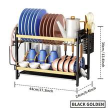 2層廚房碗架,帶有旋轉式排水管和碗碟烘乾板,多功能餐具整理收納 - 金色 - 查看 2