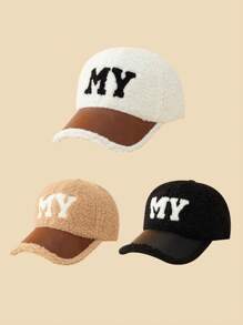 新款男女白色秋冬帽子,繡有英文字母my,羊羔毛pu皮帽簷,時尚百搭,情侶休閒棒球帽,適合送禮,日常上學、上班、逛街穿著。 - 白色 - 查看 1