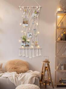 SUMGAR Makramee Wandbehang Boho Fotowand Collage mit 30 Holzklammern Gewebte Wandrahmen Modern Natur Bilderrahmen Collage Hochzeitsfeier Fotoseil Hängender Boho Deko, 42 x 100cm