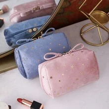 1入組絲絨星印手拿化妝包,簡約便攜收納袋,適合女孩的口紅、手機和其他配件 - 藍色 - 查看 6