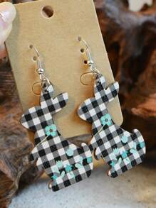 1對復活節兔子、花卉、格子、豹紋圖案新生兒多色輕便木雕激光切割雙面印花西式復古風格女士耳環 - 木質耳環 - 查看 12