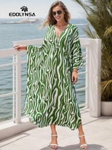 Green Striped Maxi Kaftan Beach Dress Vacation - Green - View 4