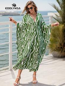 Green Striped Maxi Kaftan Beach Dress Vacation - Green - View 7