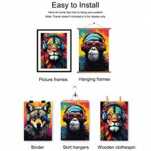 3pcs Set Gamer Funny Art Poster Earphone Animal Tiger Wolf Chimpanzees Gaming Funky Painting Canvas Print Creative Wall Picture For Play Room,Dorm,Bedroom,Teen Room,Home Decoration,No Frame - Apricot - View 6