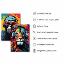 3pcs Set Gamer Funny Art Poster Earphone Animal Tiger Wolf Chimpanzees Gaming Funky Painting Canvas Print Creative Wall Picture For Play Room,Dorm,Bedroom,Teen Room,Home Decoration,No Frame - Apricot - View 5