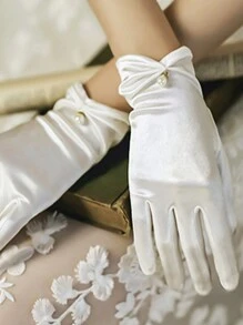1只女性短款新娘婚禮手套，珍珠蝴蝶結滿指手套手腕飾品，適用於舞會、晚會 - 白色 - 查看 2