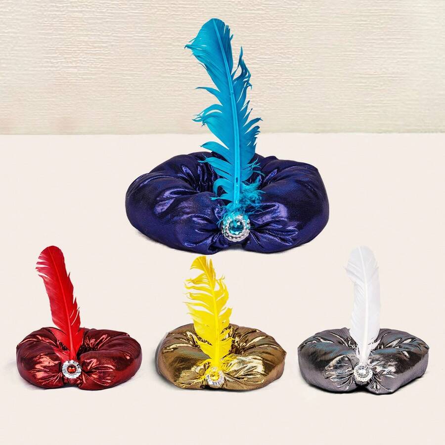 復古女款皇家藍色舞蹈羽毛寶石裝飾亮片頭飾阿桑阿拉伯帽篝火活動派對舞蹈哈薩克舞廣場舞服飾 - 寶藍色 - 查看 1