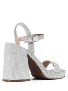 Women Chunky Heel Platform Sandals Open Toe Fashionable Ankle Strap Buckle Decor Heeled Sandals For Halloween Party Evening Prom Wedding - SILVER-GLITTER - View 5