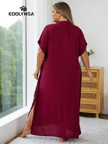 Plus Size Burgundy Embroidery Lounge Wear House Dress - Burgundy - View 8