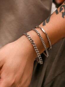 3入組嘻哈時尚不鏽鋼多層手鍊 - 銀色 - 查看 3