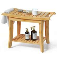 Bamboo Shower Bench with Storage Shelf ,Waterproof Anti-Slip Shower Stool for Shaving Legs or Spa Bath Seat in Bathroom & Inside Shower for Adults Seniors Elder - Tự nhiên - Xem 1