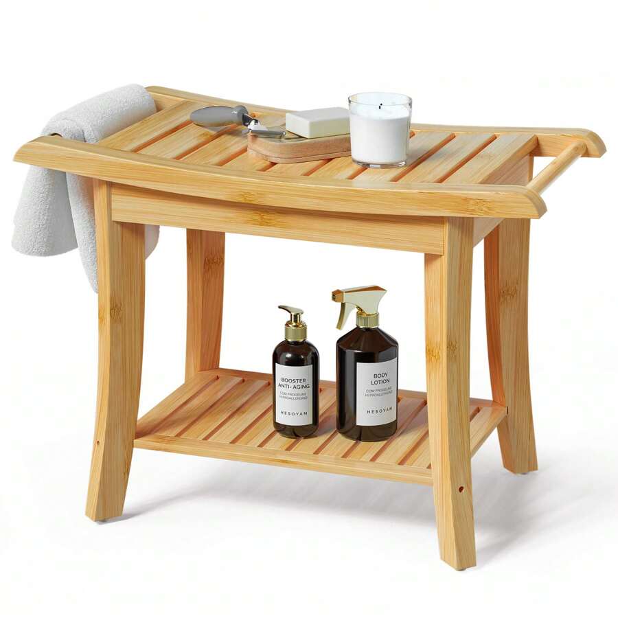 Bamboo Shower Bench with Storage Shelf ,Waterproof Anti-Slip Shower Stool for Shaving Legs or Spa Bath Seat in Bathroom & Inside Shower for Adults Seniors Elder - Tự nhiên - Xem 1