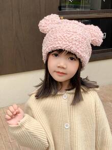 1頂秋冬兒童帽,加厚保暖編織羊毛帽,男女童寶寶保護耳朵頭套 - 粉色 - 查看 3
