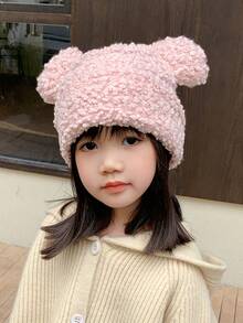 1頂秋冬兒童帽,加厚保暖編織羊毛帽,男女童寶寶保護耳朵頭套 - 粉色 - 查看 4
