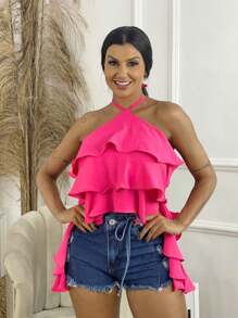 Blusa Babado Cropped Bata Camadas Amarrar Frente Moda Super Envio !! - Pink - Visão 3