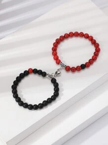 2入組天然能量石手鍊，採用心形磁扣，適用於父親節/母親節手鍊，情侶飾品/節日禮品套裝，Ins風配飾，日常佩戴，適用於海灘/復古風格 - 黑與白 - 查看 21