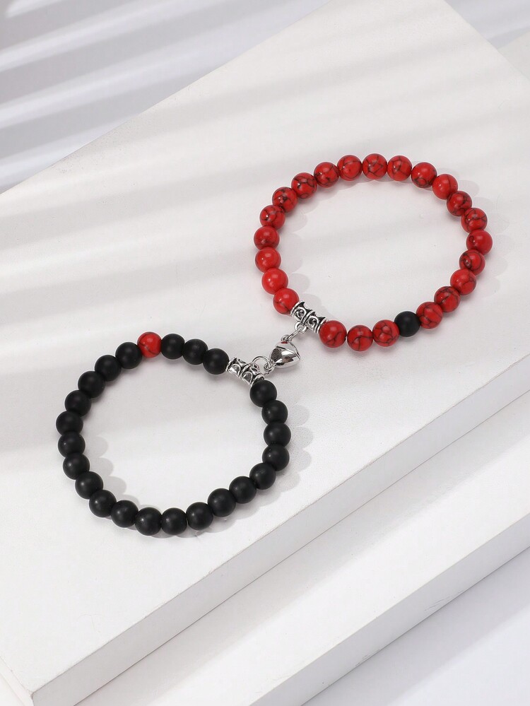 2入組天然能量石手鍊，採用心形磁扣，適用於父親節/母親節手鍊，情侶飾品/節日禮品套裝，Ins風配飾，日常佩戴，適用於海灘/復古風格 - 黑與白 - 查看 21