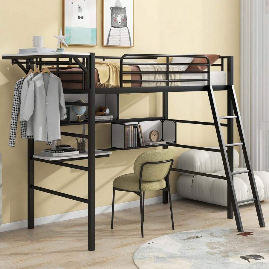MERAX Twin Size Metal Loft Bed With 2 Shelves, A Desk And A Hanging Clothes Rack, Black And White - màu đen - Xem 1