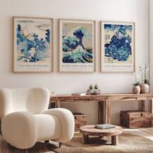 日式印花3入組,牆壁藝術,畫廊藝術,神奈川印花,海上千尋波,葛飾北斎印花,浮世繪,復古日式藝術,復古風景畫布牆藝術,復古家居壁藝術,不含相框 - 彩色 - 查看 8