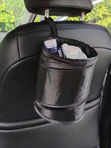 1pc Black Folding Car Trash Can, Car Seat Back Hanging Portable Storage Bin For Car Trash And Car Accessories - Black - View 2