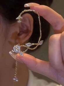 1對簡約玫瑰形無耳洞耳環,配有獨特的流蘇設計,適用於女性 - 花朵 - 查看 1