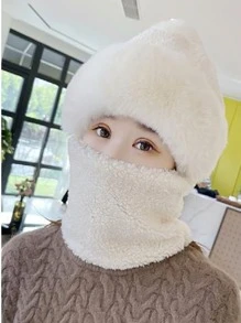 1件女式白色防風帽,配備圍巾、口罩、耳部保護和加厚保暖,適合秋冬戶外活動 - 白色 - 查看 3