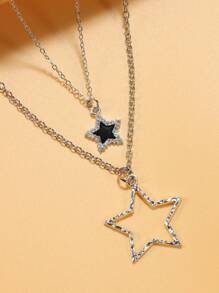 2 件/套龐克風格方晶鋯石星星吊墜項鍊,適合女士日常佩戴 - 款式1 - 查看 1
