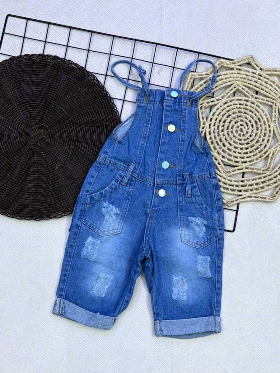 Tween Girls Denim Overalls & Jumpsuits - 中等水洗藍 - 查看 1