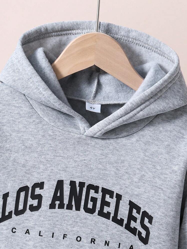 Young Boy Letter Print Hooded Sweatshirt And Sports Pants, Warm - Grey - View 3