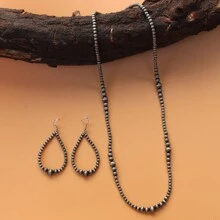 纳瓦霍珍珠大号中心珠泪滴项链和耳环首饰套装女士首饰 - 復古銀色 - 查看 2