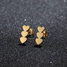 1Pair Stainless Steel Triple Heart Earrings  Golden Color Classic Simple Earrings For Women - Black - View 5