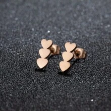 1Pair Stainless Steel Triple Heart Earrings  Golden Color Classic Simple Earrings For Women - Black - View 8