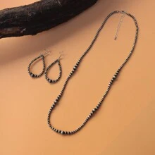 纳瓦霍珍珠大号中心珠泪滴项链和耳环首饰套装女士首饰 - 復古銀色 - 查看 4