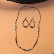 纳瓦霍珍珠大号中心珠泪滴项链和耳环首饰套装女士首饰 - 復古銀色 - 查看 6