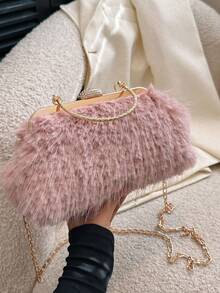 1pc Pink Clutch Bag Plush Shell Handbag For Evening Dressing, Fashionable Autumn & Winter - Pink - View 3
