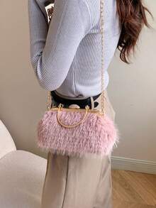 1pc Pink Clutch Bag Plush Shell Handbag For Evening Dressing, Fashionable Autumn & Winter - Pink - View 4