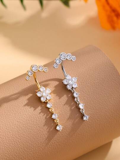 1pc Stainless Steel Navel Ring With Flower Design, 9 Cz Gems & 5 Rhinestones, For Women Daily Wear Valentines,Mom,Mother,Mother's Day,Gift