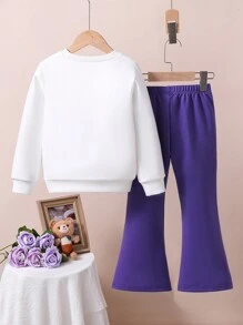 Young Girl Cartoon Pattern Printed Round Neck Sportswear And Split Hem Pants - Purple - View 2
