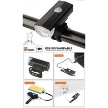 Usb可充電自行車車燈套裝,前燈配尾燈易安裝3種模式自行車配件 - 黑色 - 查看 9