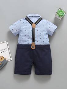 SOLOCOTE 男嬰紳士正裝套裝,適合婚禮、洗禮儀式、特殊場合；連結襯衫 & 吊帶褲 & 領結套裝 - 藍色 - 查看 2