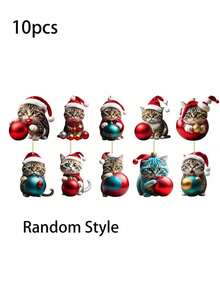 10pcs-Cute Cat Christmas Tree Ornaments, Christmas Cute Cat Acrylic Pendant Set, Christmas Decorative Pendant, Ideal For Christmas Home Decorations, Christmas Tree Ornaments, Car/Backpack Decorations, Plastic Santa Hat Kitty Hanging Decorations For Christmas Tree, Car Rearview Mirror, Keychain, Home And Party Decor, Suitable For Office, Home, And Desktop Decoration