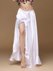 常規/肚皮舞裙子,緞面分岔長裙,女式舞蹈裙 - 白色 - 查看 1