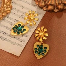 1 對復古皺紋紋理花卉鋅合金耳環帶鑽石裝飾 - 金色 - 查看 4