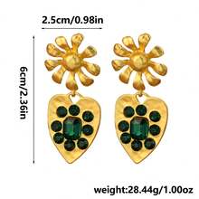 1 對復古皺紋紋理花卉鋅合金耳環帶鑽石裝飾 - 金色 - 查看 5