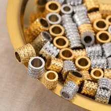20pcs/Pack Stainless Steel 0.6cm Four-Layer Pattern Drilled Beads With Large Hole & Wheel Hub Design, Suitable For Bracelet, Necklace, Diy Jewelry Making - Gold - View 5
