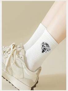 2 雙閃亮水鑽裝飾中筒襪,個性化設計,非常適合日常穿著 - 白色 - 查看 6