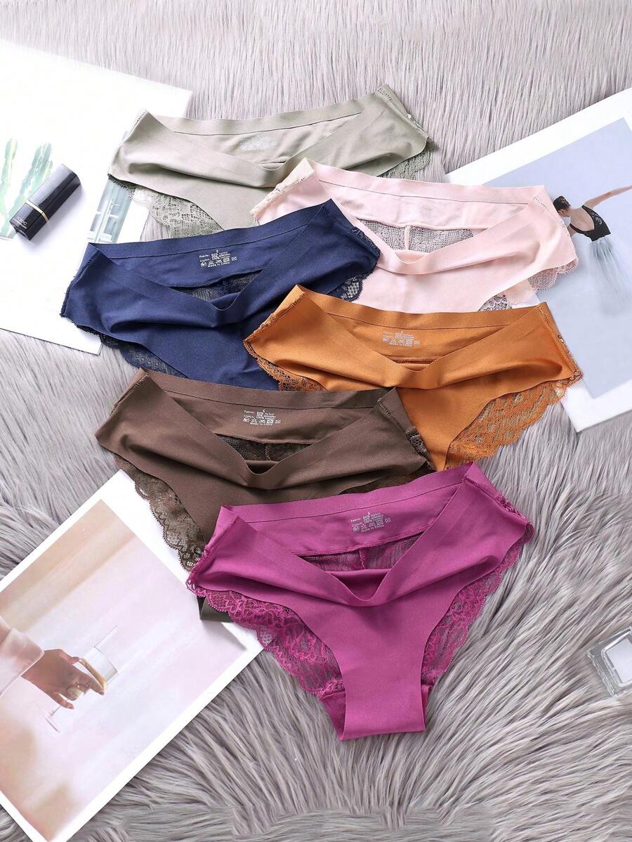 女士6入組無縫冰絲蕾絲性感透明褲襠三角褲 - 彩色 - 查看 1