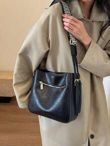 简单实用的四季女士包，宽肩带，简约百搭的小众设计，斜挎单肩都合适 - 黑色 - 查看 3