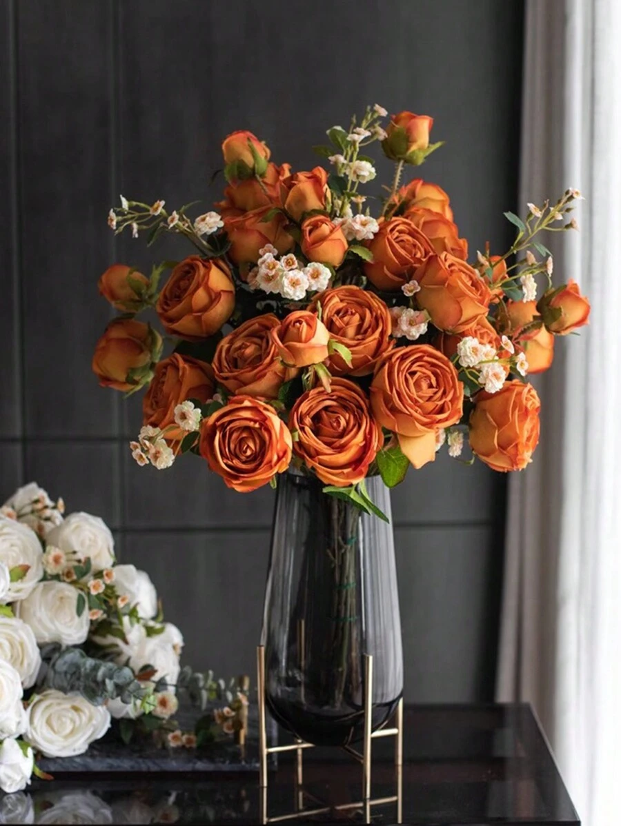 1朵3朵人造玫瑰花裝飾,適用於婚禮派對和家居花藝裝飾 - 橘色 - 查看 1