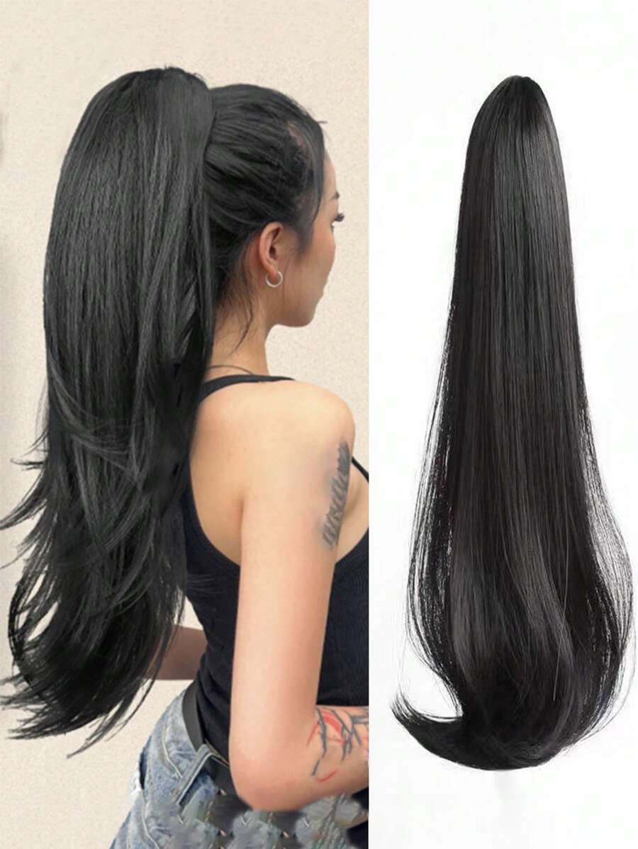 Naturally Curly Long Hair High Temperature Hairpiece Ponytail Claw Clip Casual Halloween - Black - View 1